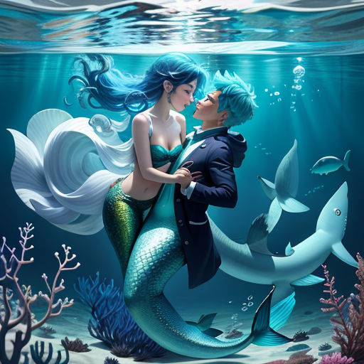 a man and woman kissing under the water with dolphins in the background of the painting, under the water is a blue - green sea