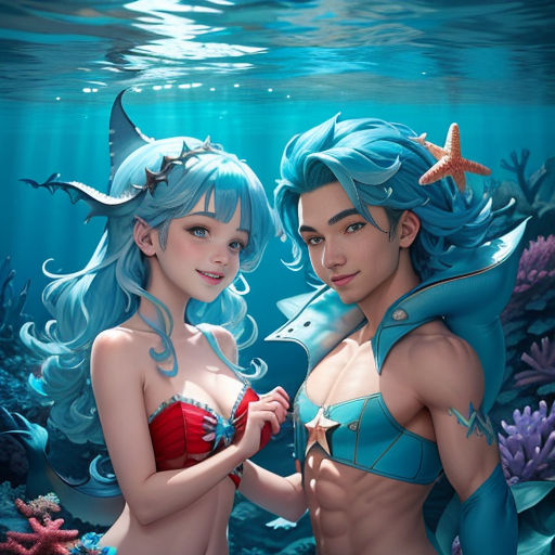 a couple of mermaids standing next to each other under water with a starfish on their head and a fish on their chest