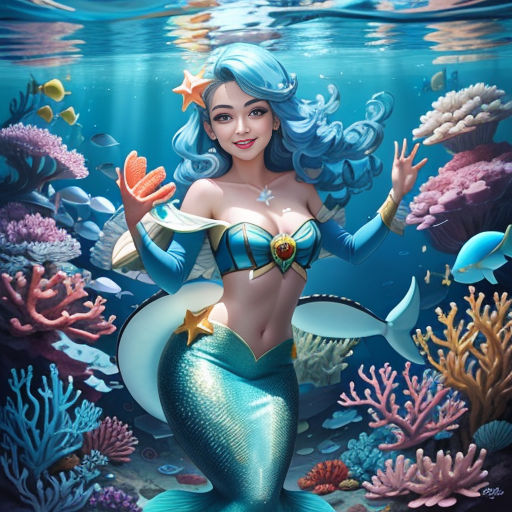 a mermaid with blue hair and a blue tail is standing in the water with her hands out to the side
