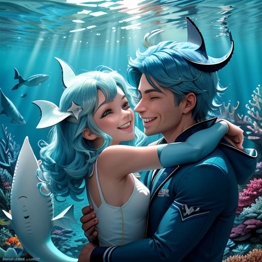 a couple is hugging under the water with sharks around them and a shark in the background, and a shark in the foreground