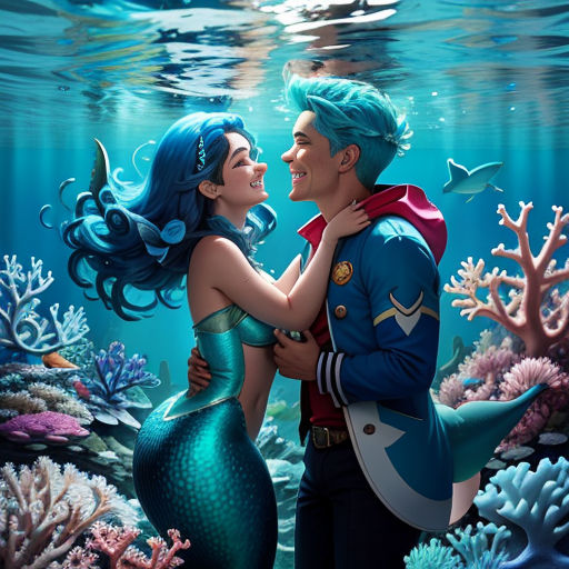 a man and woman are kissing under the water in a mermaid scene with corals and seaweeds