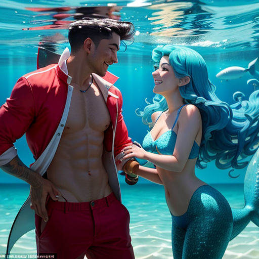 a man and a woman in a bikini standing under water with a mermaid tail and tail tail, and a man in a red suit and a white shirt and red pants