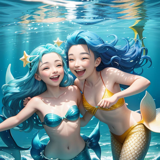 two mermaids are standing in the water together, one is hugging the other's back and smiling