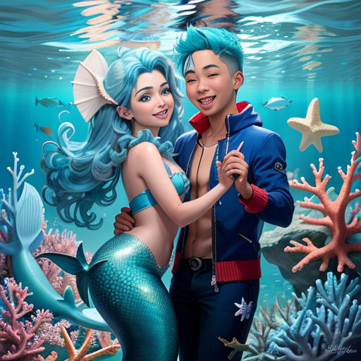a man and woman are under the water with a mermaid and starfish in their hands, and under the water is a coral and starfish