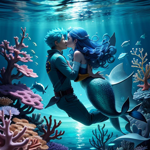 a man and woman kissing under the water with a mermaid in the background of the painting, under the water is a coral reef