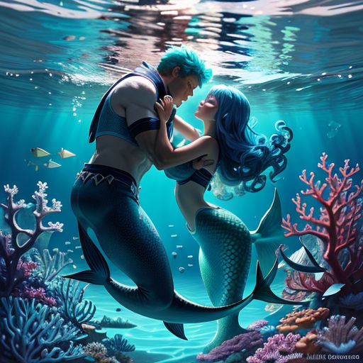 a man and a woman are kissing under the water in a mermaid scene with corals and corals