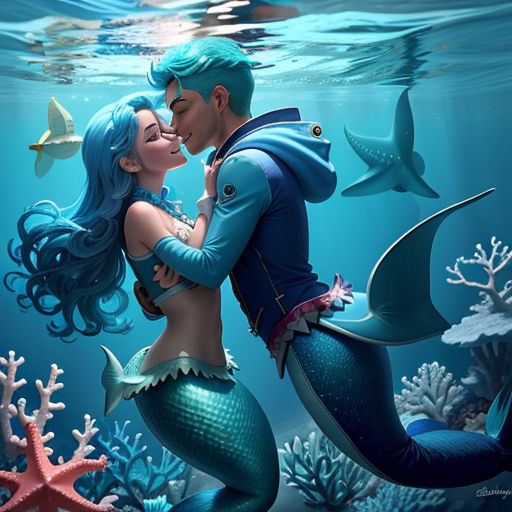 a man and a woman kissing under the water with a shark and corals in the background, under the water