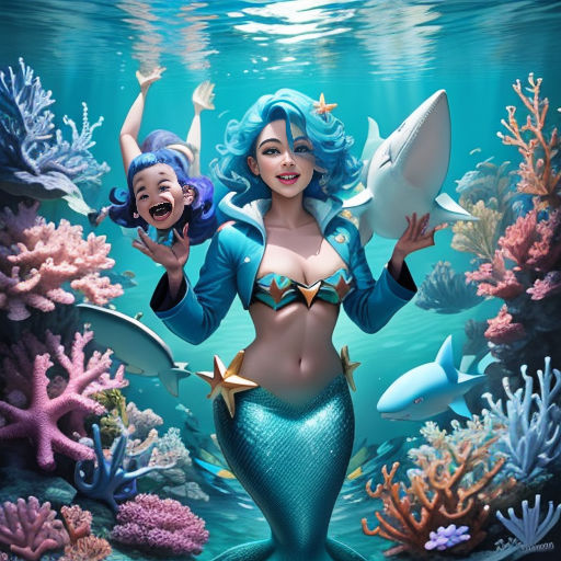 a mermaid with a baby shark in her hand and a fish in her hand in the water, with corals and other sea life
