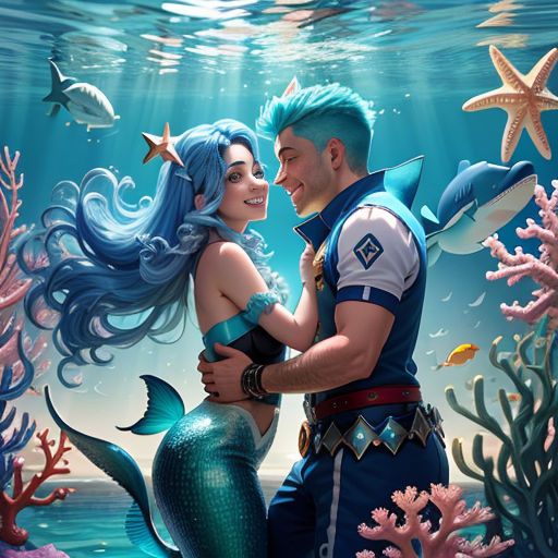 a man and a woman are hugging under the water with a fish and starfish in the background,