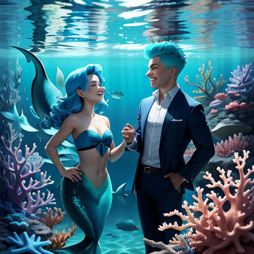 a man and woman in a blue suit standing under water with a fish in their hand and corals in the background