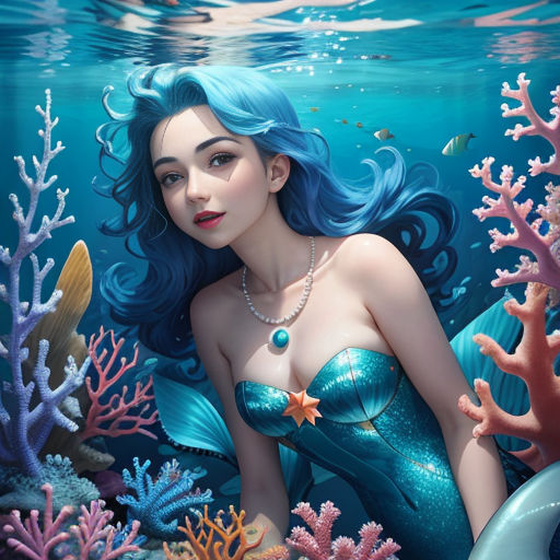 a painting of a mermaid with blue hair and pearls in the water with corals and other sea life