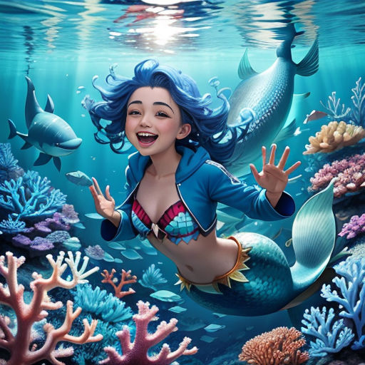 a mermaid with a fish and a dolphin swimming in the ocean with corals and other sea life around her