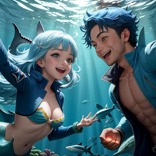 a man and a woman are in the water with fish around them, and one is holding a fish