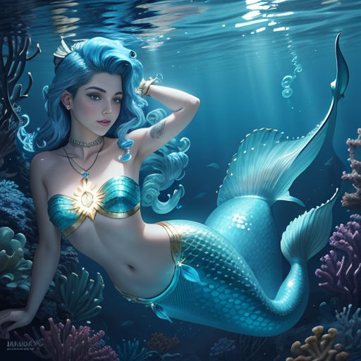 a mermaid with blue hair and a necklace on her head is swimming in the ocean with a starfish