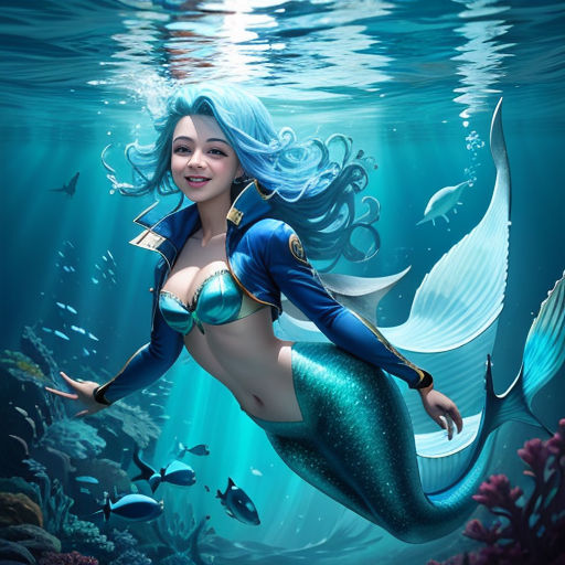 a mermaid with a blue tail and a blue jacket is swimming in the ocean with fish around her and a fish in her mouth