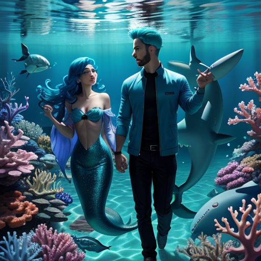 a man and a woman are standing in the water with a dolphin and a shark in the background, under the water