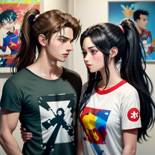 a couple of people standing next to each other in a room with paintings on the wall behind them and a woman with a ponytail