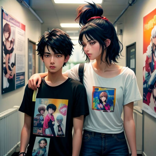 two people standing next to each other in a hallway with posters on the wall behind them and a hallway leading to the hallway