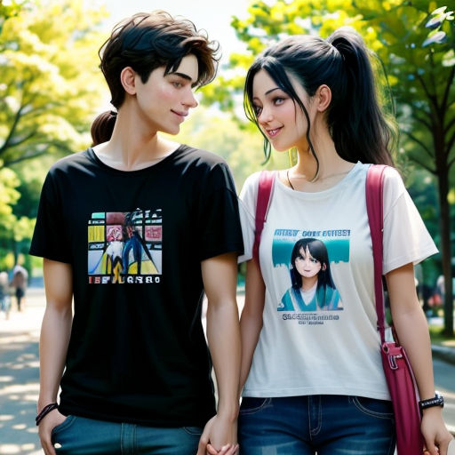 a couple of people standing next to each other on a street with trees in the background and a person holding the hand of the other person