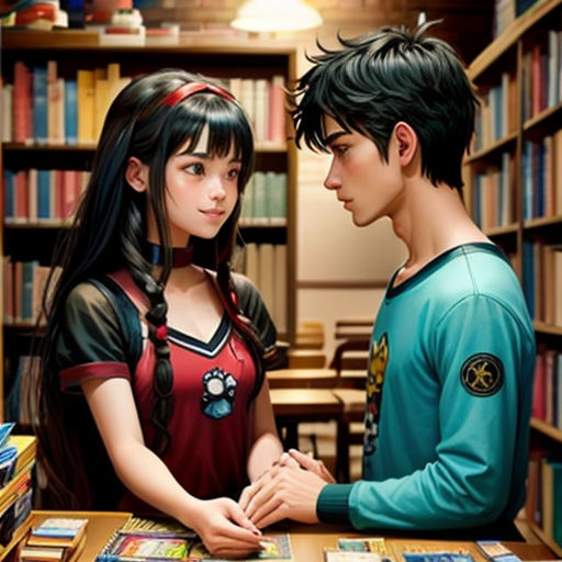 a man and a woman standing in front of a table with books on it in a library with a bookcase full of books