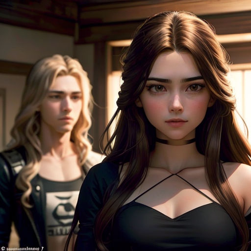 a woman with long hair standing next to another woman in a black top and a black top on her