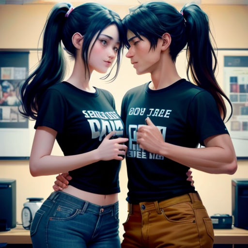 two women standing next to each other in a room with a computer monitor and a keyboard on the desk