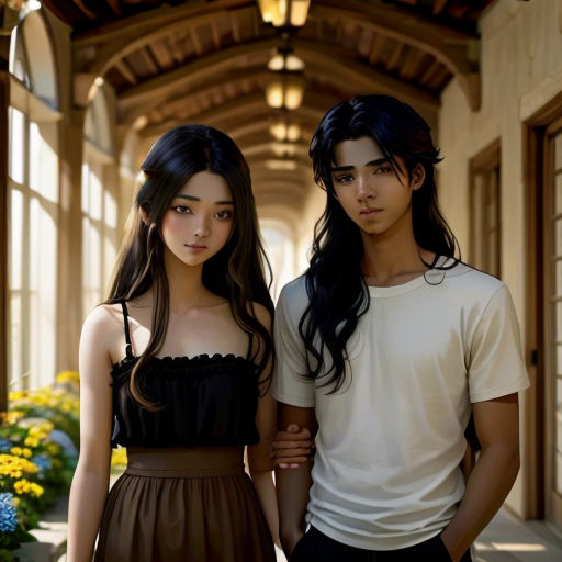 a couple of people standing next to each other near flowers and a building with a light fixture on it