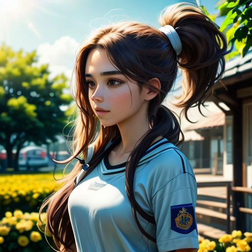 a girl with a ponytail standing in front of a flower garden with yellow flowers in the background and a building with a sign on it