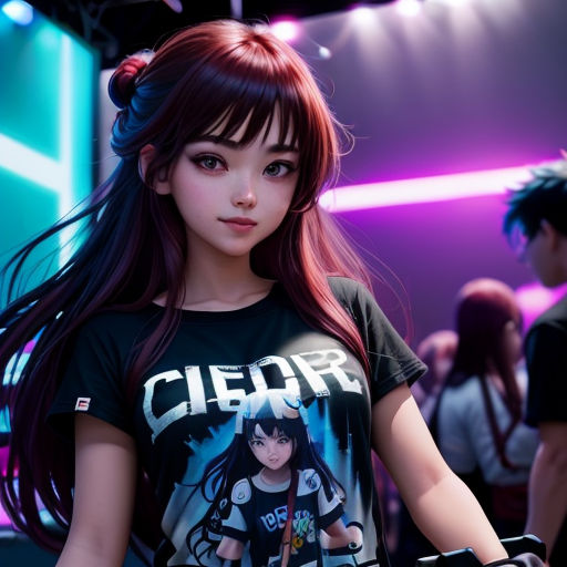 a girl with long hair and a black shirt is standing in front of a crowd of people with a purple light