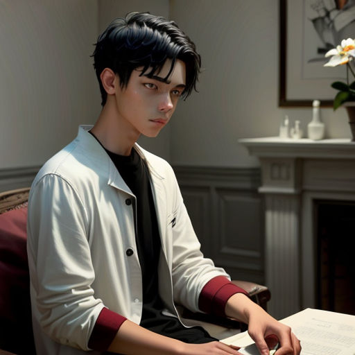 a man sitting at a desk with a book and pen in his hand and a flower in the background