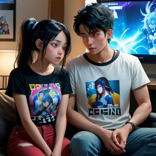 a couple of people sitting on a couch in front of a tv screen with a anime character on it