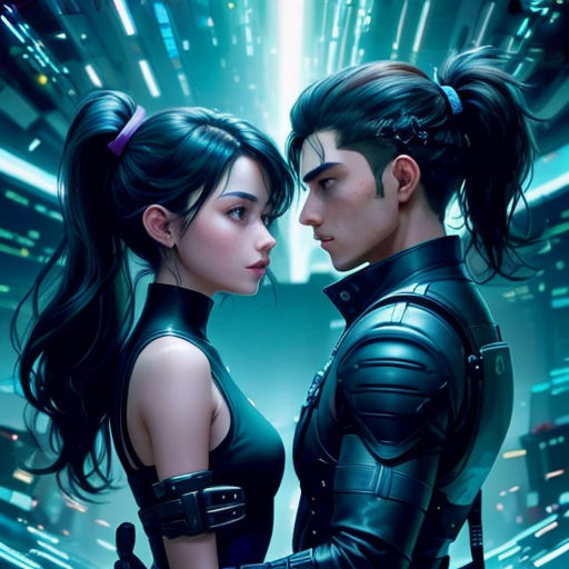 a couple of people standing next to each other in a futuristic city with lights on the buildings behind them