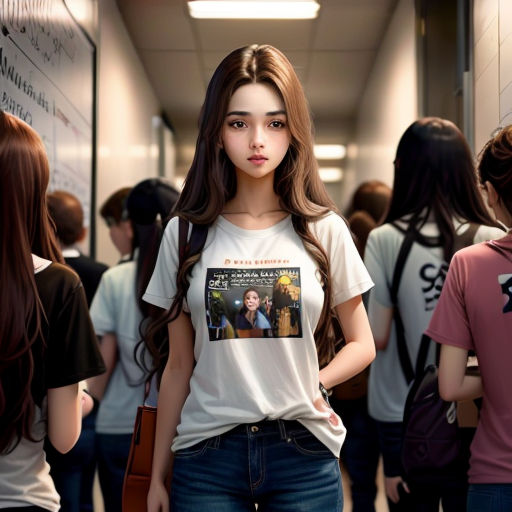 a girl standing in a hallway with a group of people behind her looking at the camera and smiling at the camera