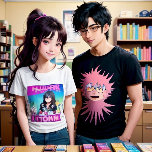 a couple of people standing next to each other in a room with books on the shelves and a table with books