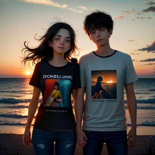 a couple of people standing next to each other on a beach at sunset with the sun setting behind them