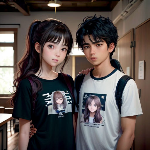 a couple of people standing next to each other in a room with a door and a window behind them