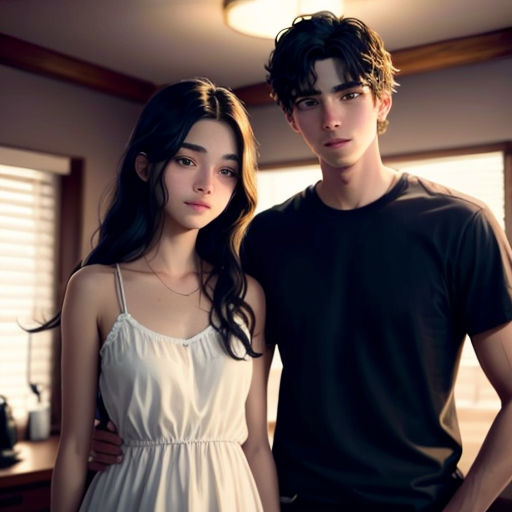 a young man and woman standing next to each other in a room with a window and blinds on the windowsill