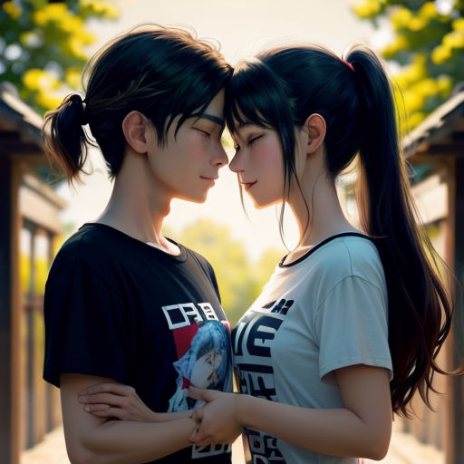 two asian girls are standing close together and touching noses with each other, with trees in the background and a sun shining through the leaves