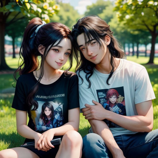 a couple of people sitting on the grass together with trees in the background and a sky background with clouds