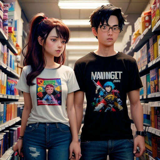 a man and a woman standing in a library together, with a comic book shelf in the background and a man in the foreground