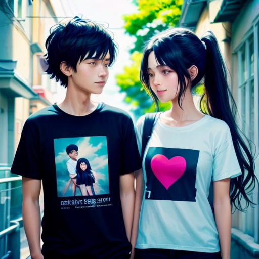 a couple of people standing next to each other near a building with a heart on it's t - shirt