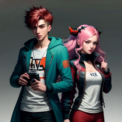 a couple of people standing next to each other in front of a gray background with a neon light on