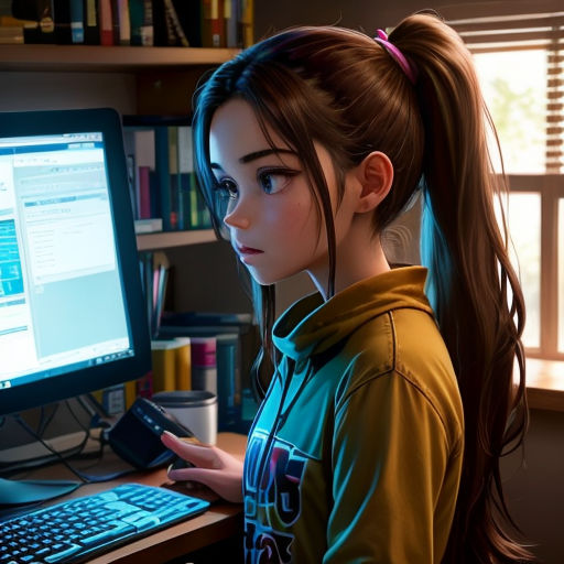 a girl is sitting at a computer desk with a phone in her hand and a computer on her desk