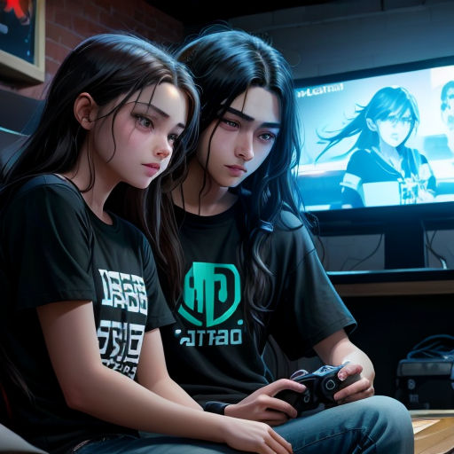 two girls sitting on a couch playing a video game together, with a television in the background and a television screen in the background