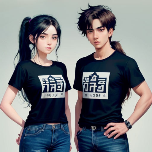 a couple of people standing next to each other wearing t - shirts with chinese writing on them and a woman with ponytail
