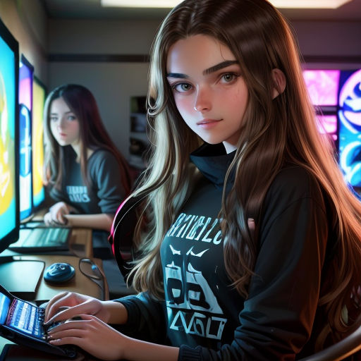 a girl is sitting at a computer desk with a laptop and a mouse in front of her and a monitor behind her