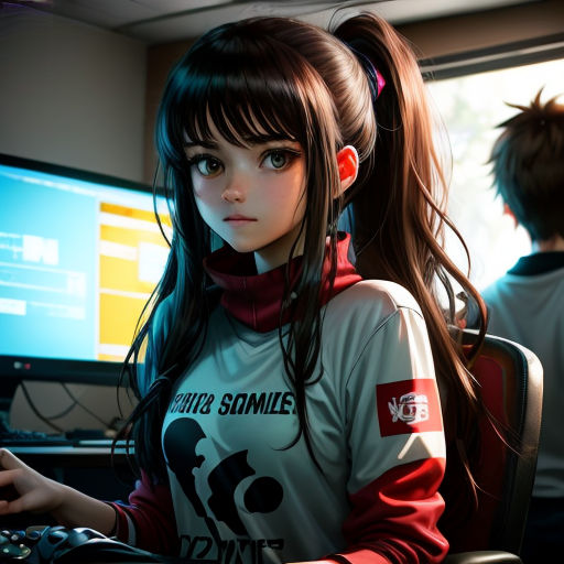 a girl sitting in front of a computer monitor with a ponytail on her head and a ponytail in her hair