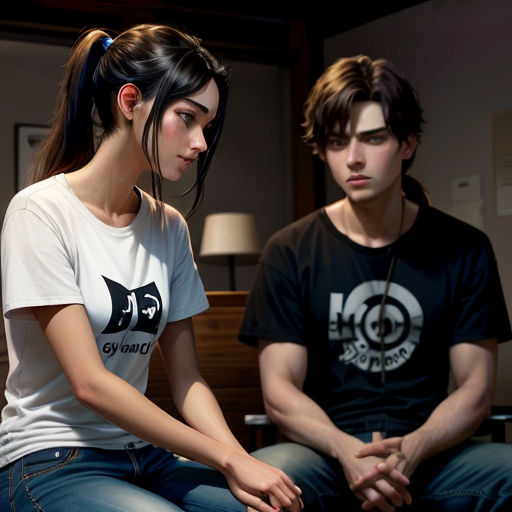 a man and a woman sitting on a couch together, both looking at something in the distance, with a lamp in the background