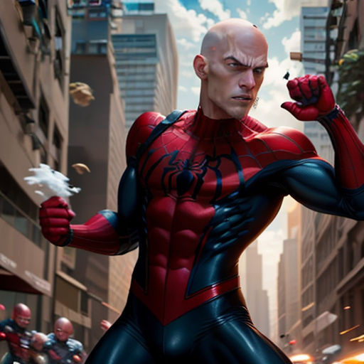 a man in a spider - man suit is standing in the middle of a city street with other people