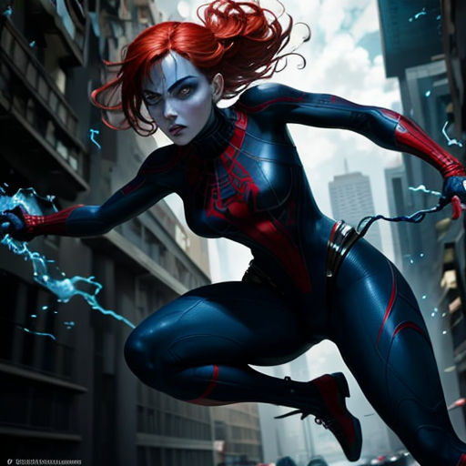 a woman in a black and red costume running through a city street with lightning bolts in her hands and a red hair